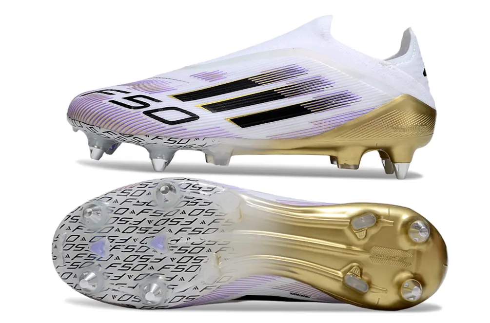 F50 Elite Laceless Blanc/Violet/Doré/Noir (SG) Bonplancrampons