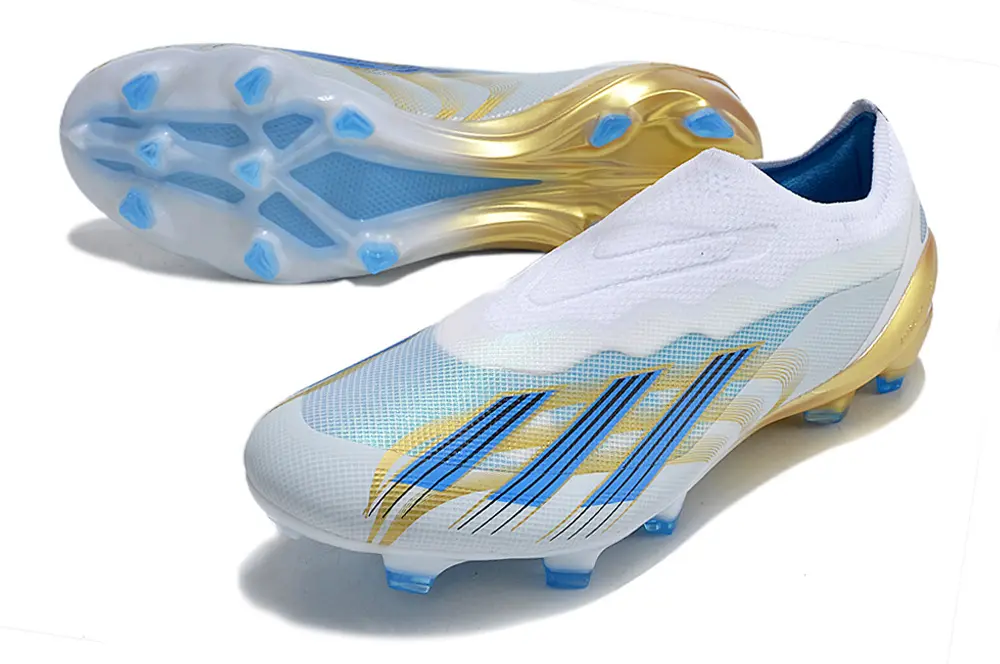X Crazyfast Elite Laceless x Messi Blanc/Bleu/Doré (FG) Bonplancrampons