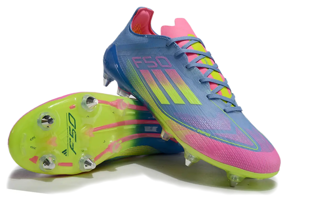 F50 Elite Terrain Gras Bleu/Rose/Jaune (SG) Bonplancrampons