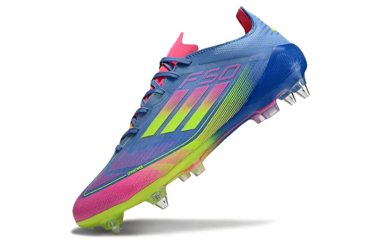 F50 Elite Terrain Gras Bleu/Rose/Jaune (SG) Bonplancrampons