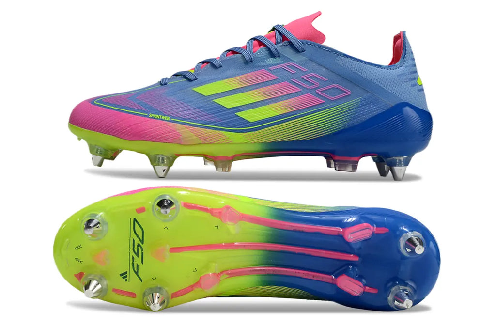 F50 Elite Terrain Gras Bleu/Rose/Jaune (SG) Bonplancrampons