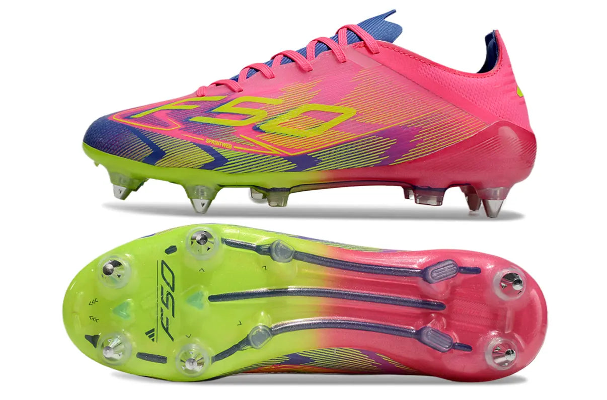 F50 Elite Terrain Gras  Bleu/Rose/Jaune (SG) Bonplancrampons