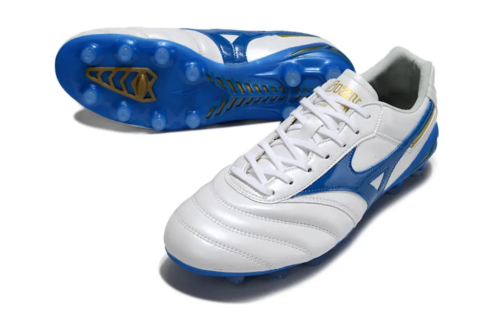 Morelia Neo IV Beta Elite Blanc/Bleu/Doré FG/AG Bonplancrampons